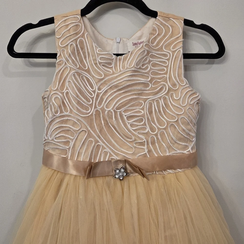 Girls Sunny Fashion Cream/TanChiffon w/Satin Ribbon Hem Sleeveless Dress Size 10